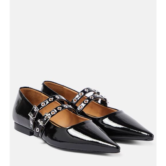 New $297 Ganni Black Eyelet Mary Jane Buckle  Pointed Toe Flats Size 40 US 10 - Picture 1 of 8